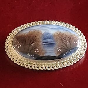 Vintage Landscape Oval Brooch Pin. Winter Snow Lake Scene